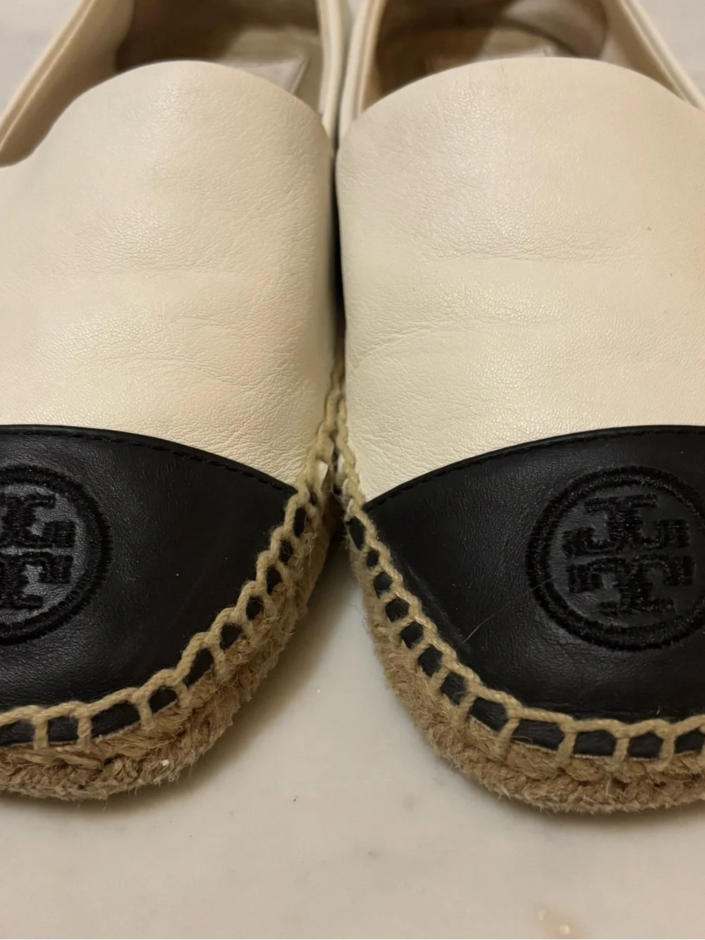 Tory Burch Cream and Black Slip-On Espadrilles, Size 9